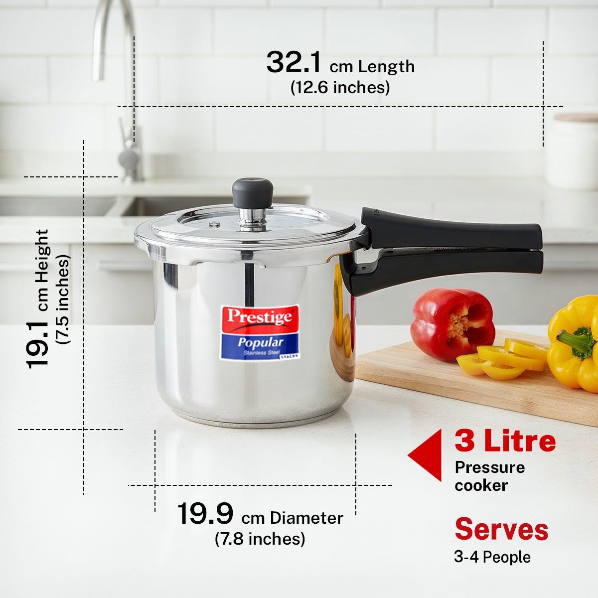 Prestige Platina Popular Stainless Steel 3 Pc Cookware Set: Fry Pan 22cm, Kadai 22cm, Sauce Pan 16cm with 2 Glass Lids, Triply Base + Prestige Popular Svachh Spillage Control Pressure Cooker, 3 L