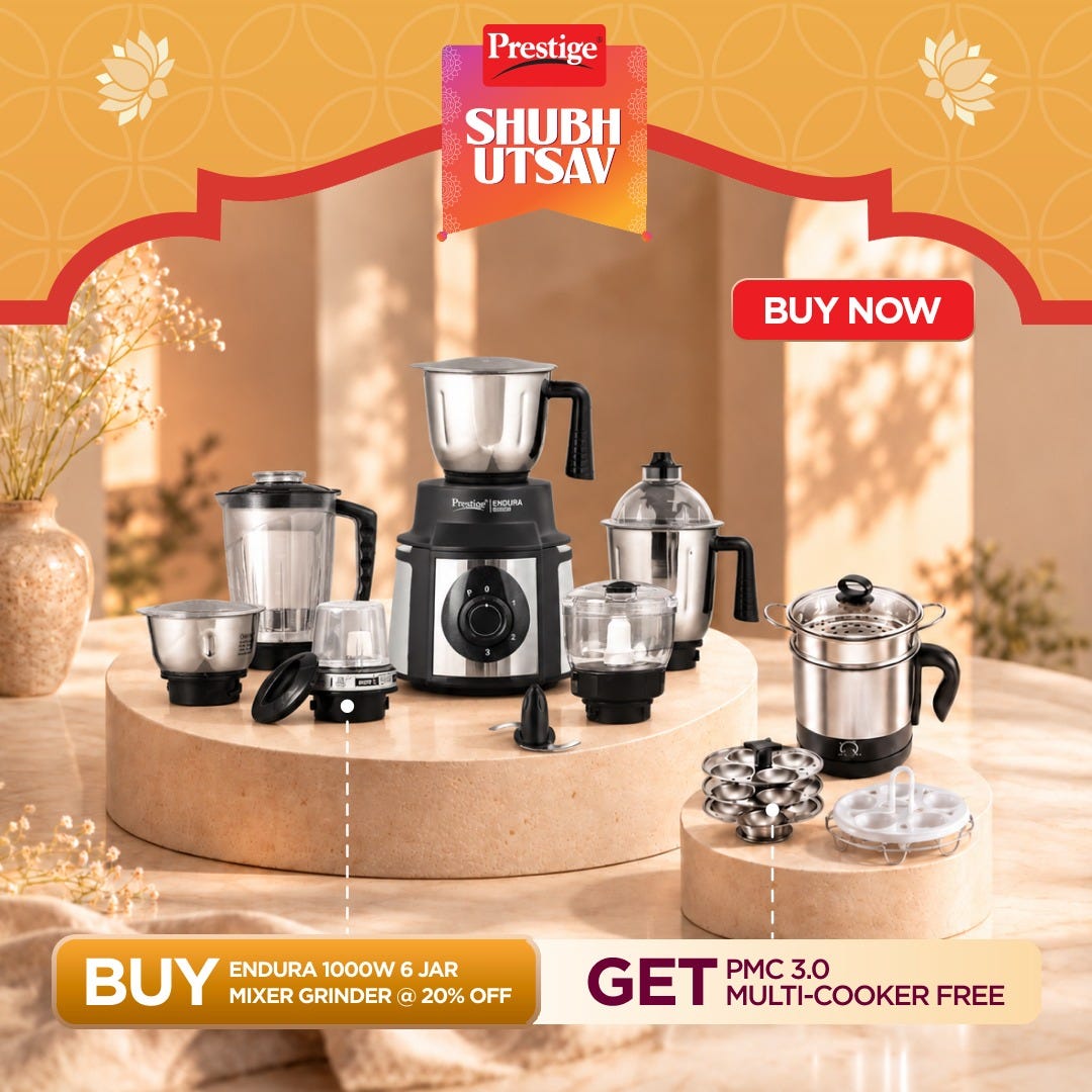 Prestige Endura 1000W 6 Jar Mixer Grinder: 3 SS Jars, Juicer, Mix-O-Keep, Multi-Utility Jar, Ball Bearing Motor, SS Blades, 5Y Motor Warranty + Prestige 1.5L PMC 3.0 Plus Multi Kettle / Multi Cooker