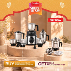 Prestige Endura 1000W 6 Jar Mixer Grinder: 3 SS Jars, Juicer, Mix-O-Keep, Multi-Utility Jar, Ball Bearing Motor, SS Blades, 5Y Motor Warranty + Prestige 1.5L PMC 3.0 Plus Multi Kettle / Multi Cooker