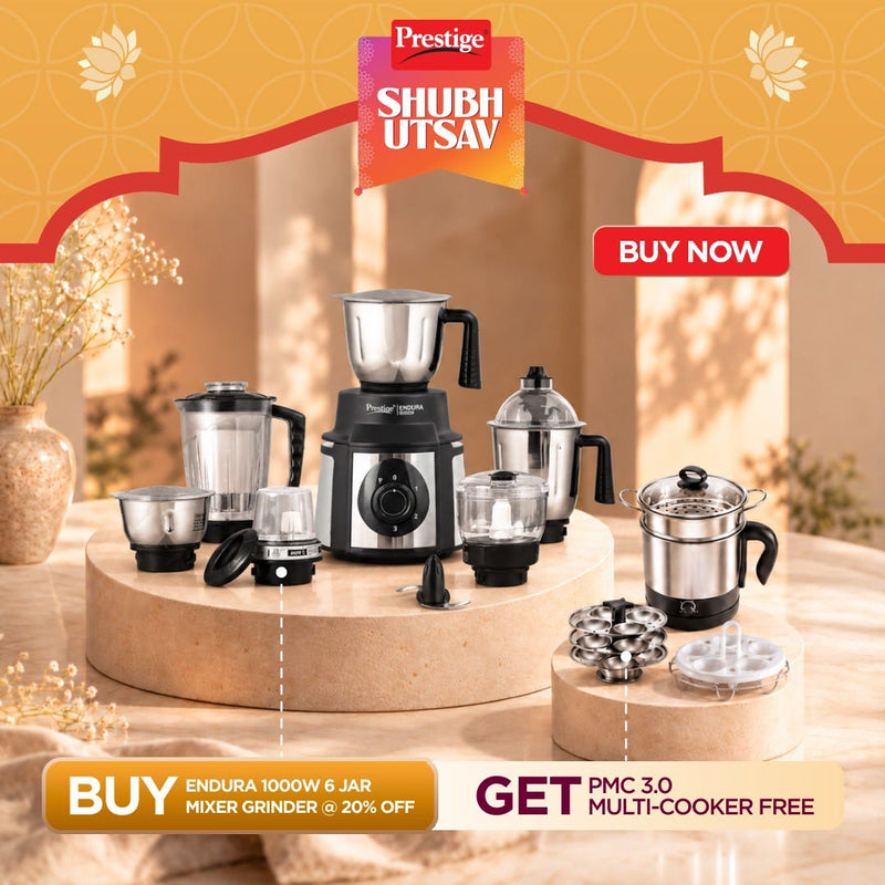 Prestige Endura 1000W 6 Jar Mixer Grinder: 3 SS Jars, Juicer, Mix-O-Keep, Multi-Utility Jar, Ball Bearing Motor, SS Blades, 5Y Motor Warranty + Prestige 1.5L PMC 3.0 Plus Multi Kettle / Multi Cooker