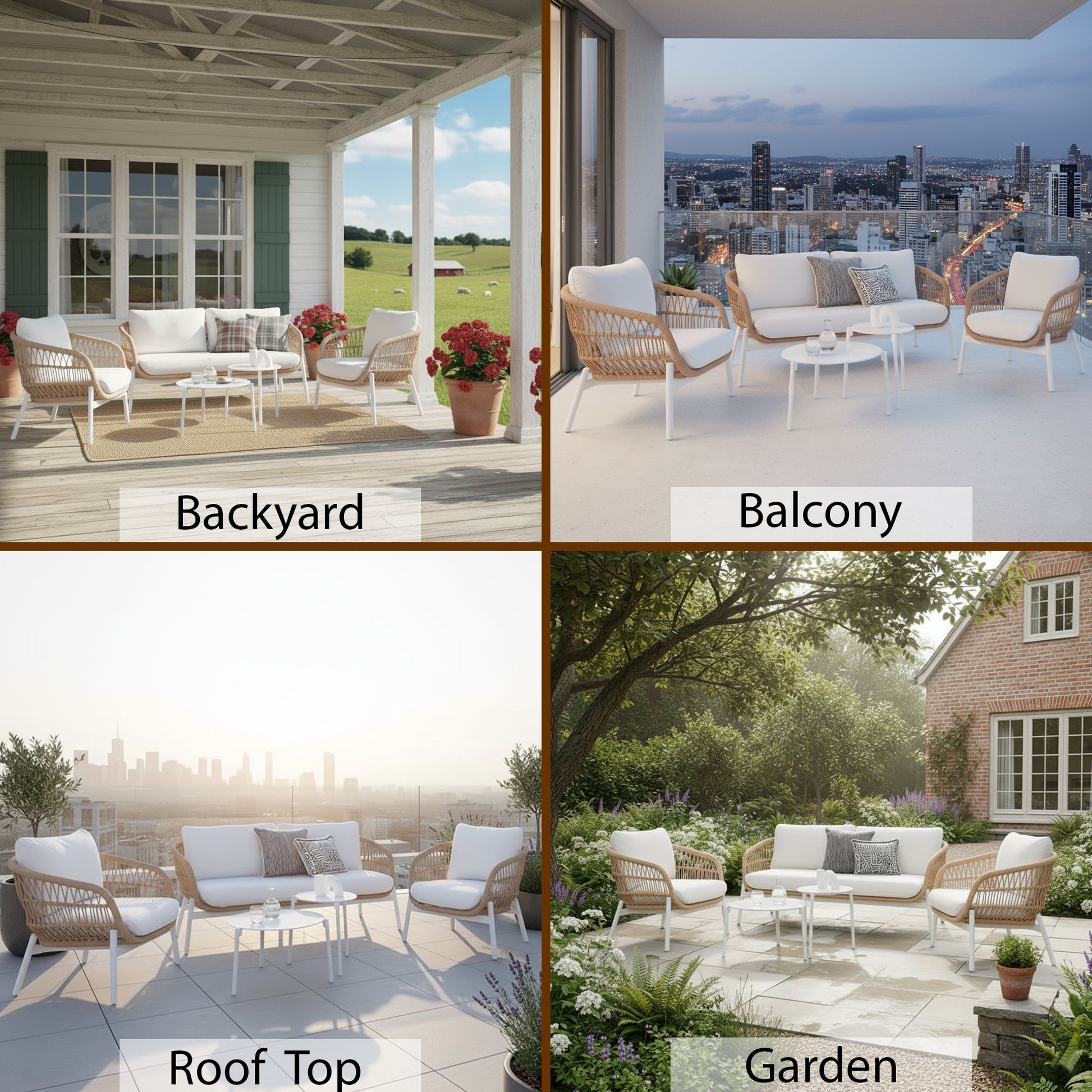 Seibi Outdoor Garden Balcony Sofa Set 2 Seater , 2 Single Seater 2 Center Table Set Braided and Rope