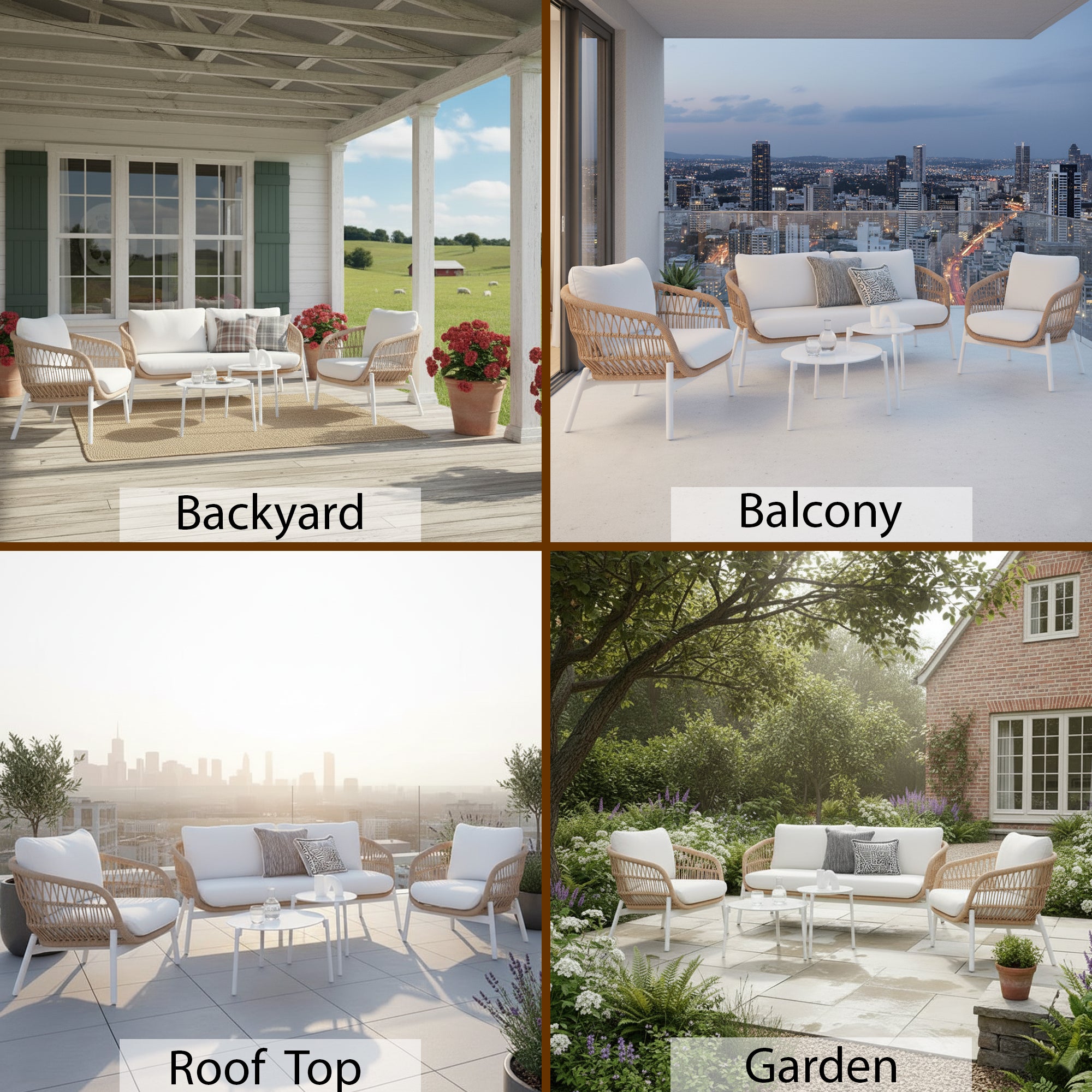 Seibi Outdoor Garden Balcony Sofa Set 2 Seater , 2 Single Seater 2 Center Table Set Braided and Rope