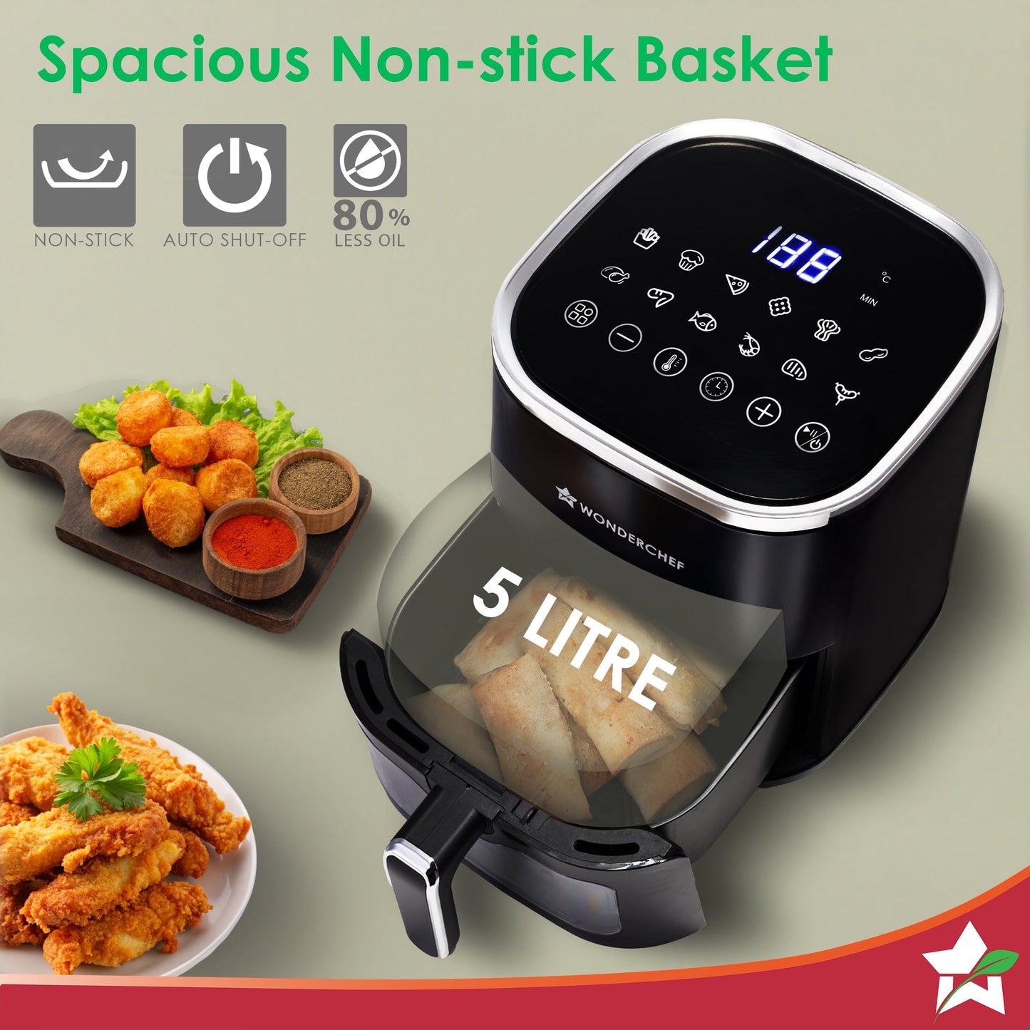 Evita Digital Air Fryer, 1350W, 5 L, Rapid Hot Air Technology, 8 Pre-set Menus, Non-stick Basket, In-built Memory, Customised Time & Temperature Control, Fry, Bake, Grill, 2-Yr Warranty