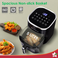 Evita Digital Air Fryer, 1350W, 5 L, Rapid Hot Air Technology, 8 Pre-set Menus, Non-stick Basket, In-built Memory, Customised Time & Temperature Control, Fry, Bake, Grill, 2-Yr Warranty