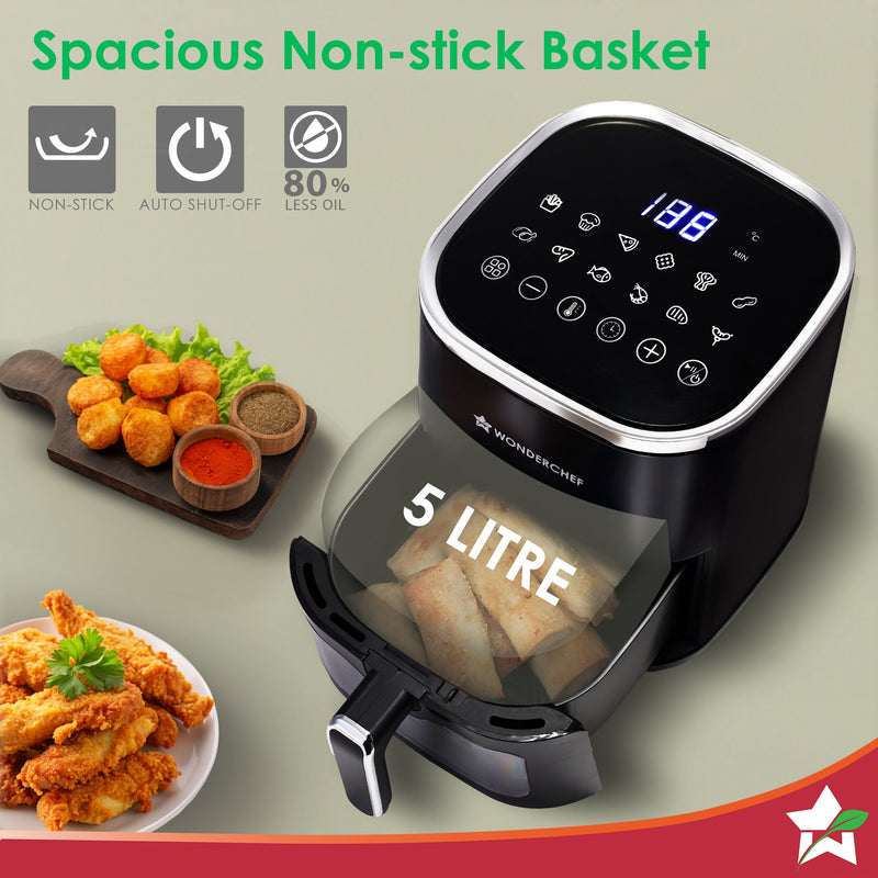 Evita Digital Air Fryer, 1350W, 5 L, Rapid Hot Air Technology, 8 Pre-set Menus, Non-stick Basket, In-built Memory, Customised Time & Temperature Control, Fry, Bake, Grill, 2-Yr Warranty