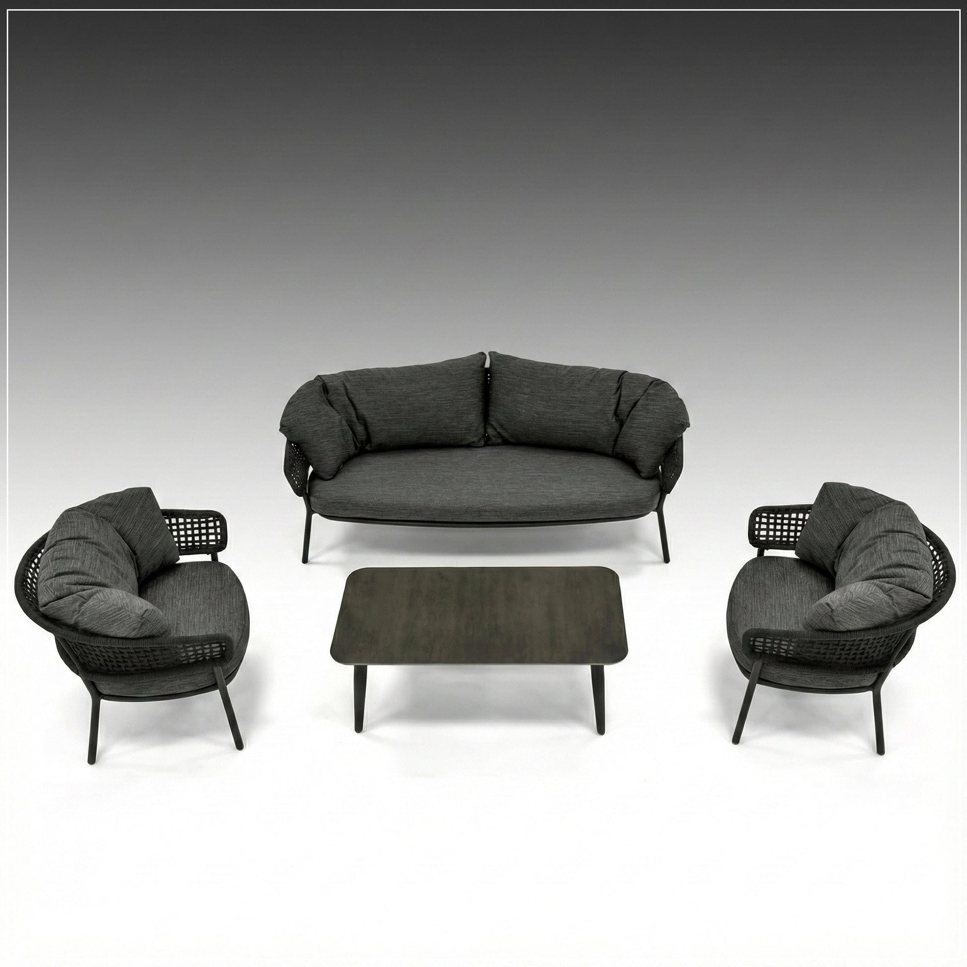 Puff Outdoor Sofa Set 3 Seater , 2 Single seater and 1 Center Table Set (Black) Braided & Rope