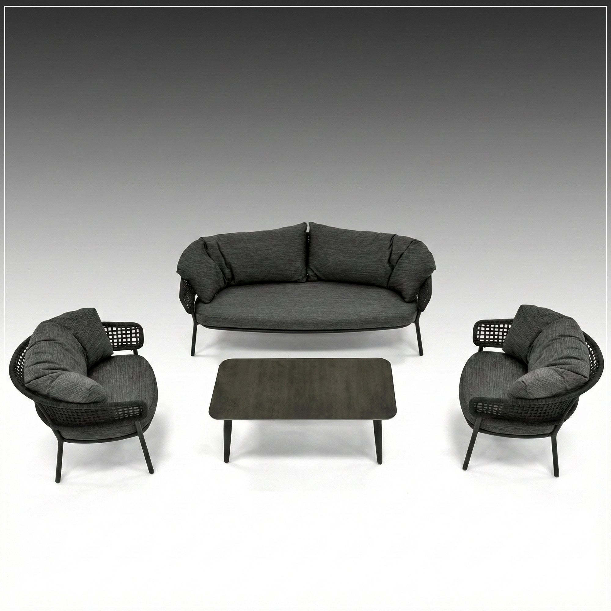 Puff Outdoor Sofa Set 3 Seater , 2 Single seater and 1 Center Table Set (Black) Braided & Rope