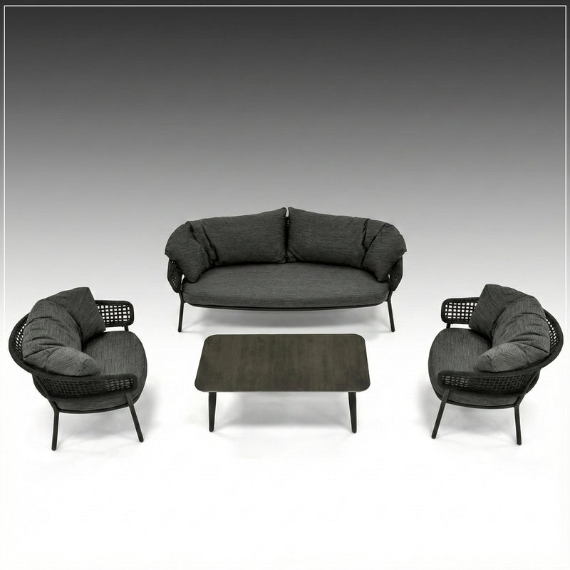 Puff Outdoor Sofa Set 3 Seater , 2 Single seater and 1 Center Table Set (Black) Braided & Rope