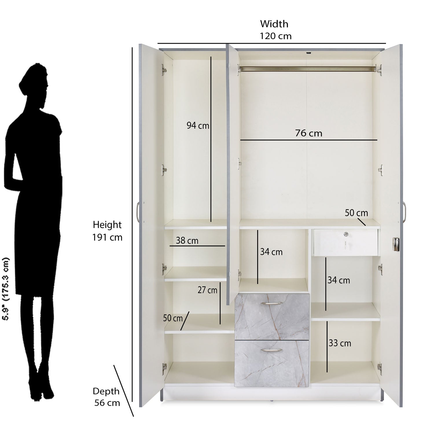 Nilkamal Marbito 3 Door Wardrobe With Mirror (White)