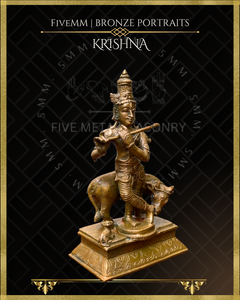 Krishna with cow & calf Panchaloha Bronze Icon - 6.5"