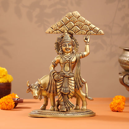 Brass Krishna With Cow And Goverdhan Parvat Idol (11 Inch)