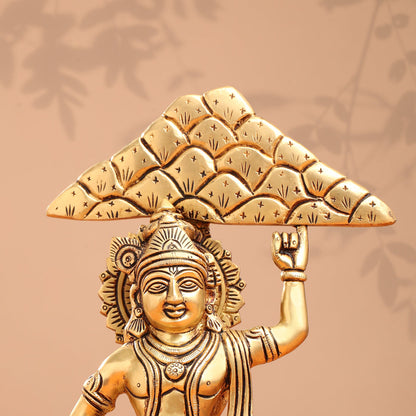 Brass Krishna With Cow And Goverdhan Parvat Idol (11 Inch)