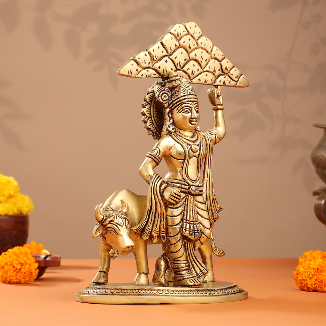 Brass Krishna With Cow And Goverdhan Parvat Idol (11 Inch)