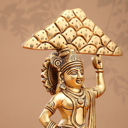 Brass Krishna With Cow And Goverdhan Parvat Idol (11 Inch)