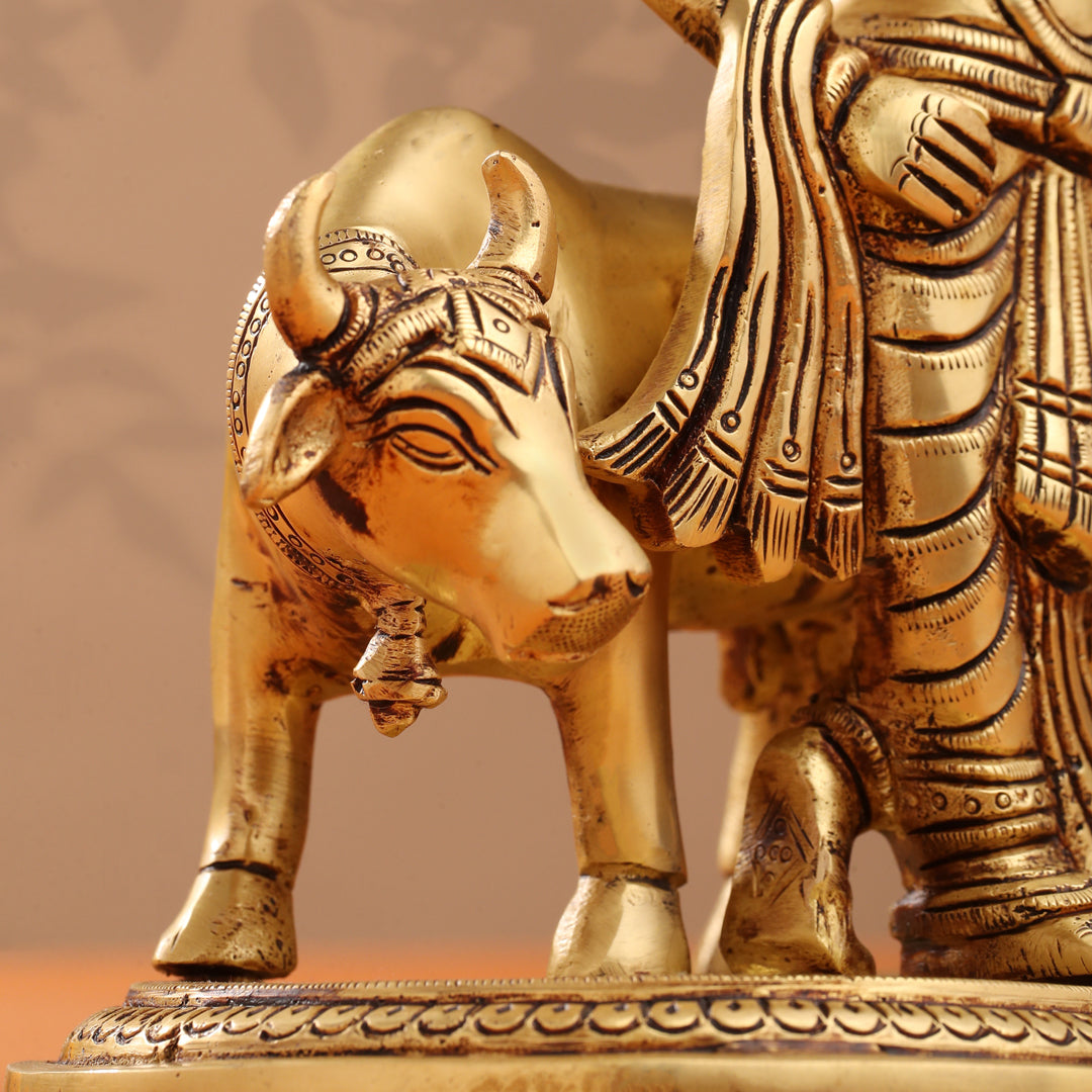 Brass Krishna With Cow And Goverdhan Parvat Idol (11 Inch)