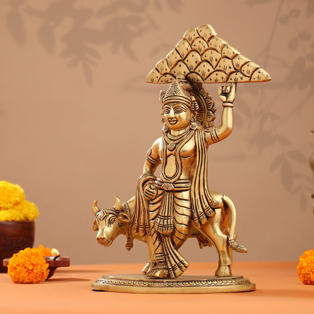 Brass Krishna With Cow And Goverdhan Parvat Idol (11 Inch)