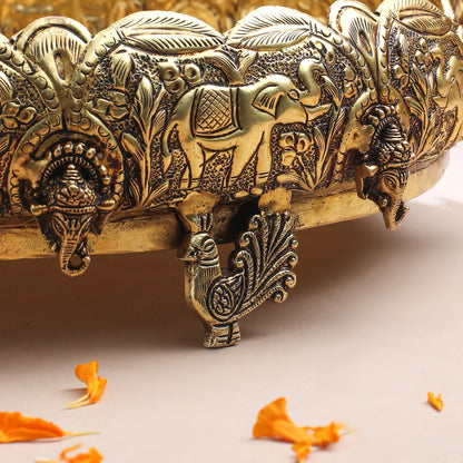 Brass Ganesha And Elephant Carving Urli