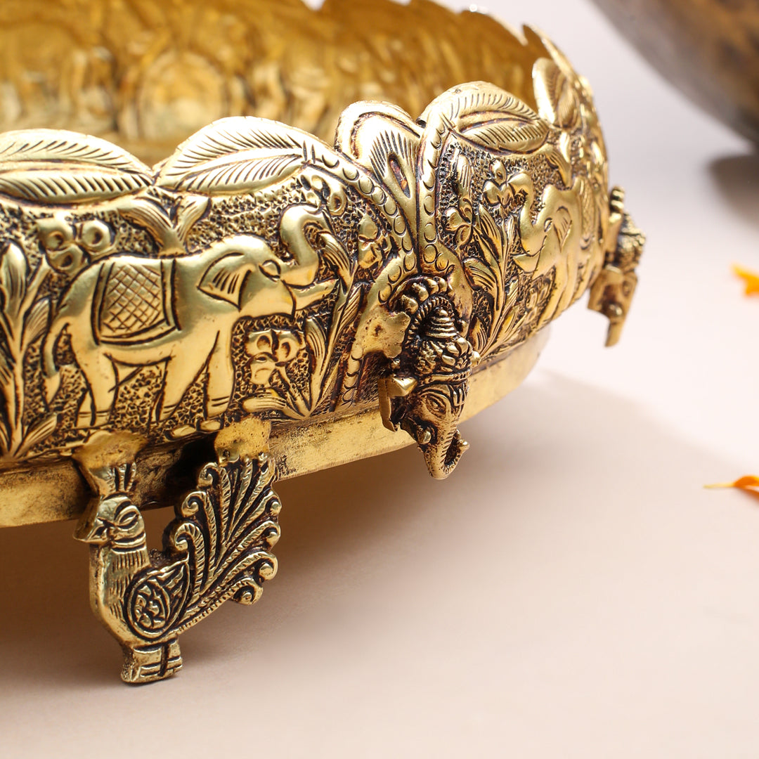 Brass Ganesha And Elephant Carving Urli