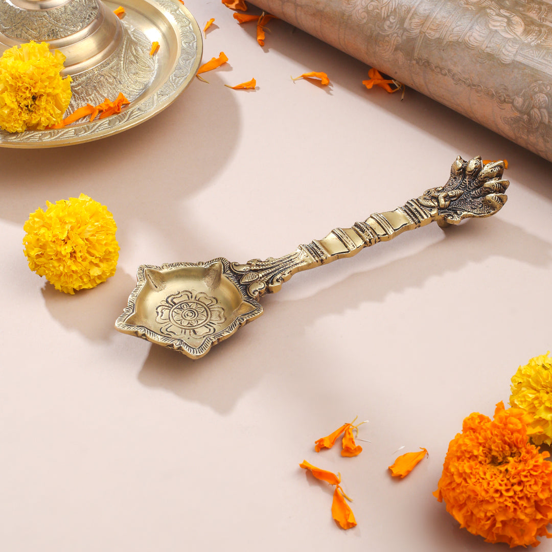 Antique Finish Brass Pooja Spoon | Handcrafted Ganga Jal Spoon for Rituals (9 Inch)