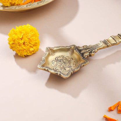 Antique Finish Brass Pooja Spoon | Handcrafted Ganga Jal Spoon for Rituals (9 Inch)