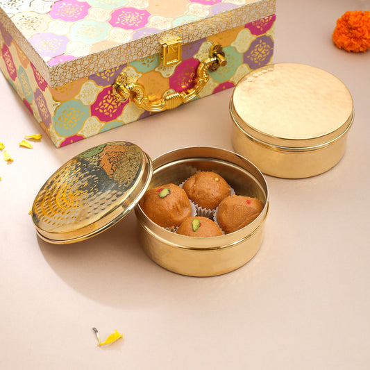 Brass Ladoo Box Gift Hamper (2 Inch)