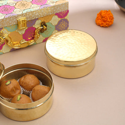 Brass Ladoo Box Gift Hamper (2 Inch)