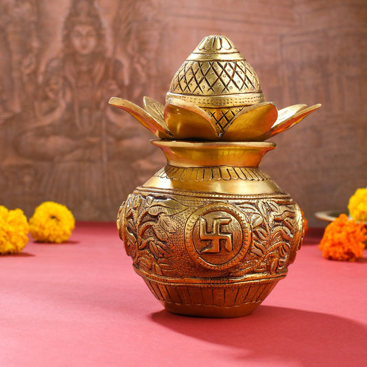 Brass Kalash with Coconut & Leaves (8 Inch)