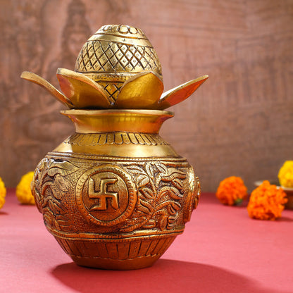 Brass Kalash with Coconut & Leaves (8 Inch)