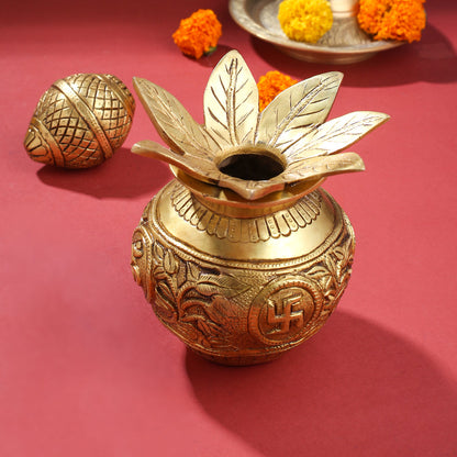 Brass Kalash with Coconut & Leaves (8 Inch)