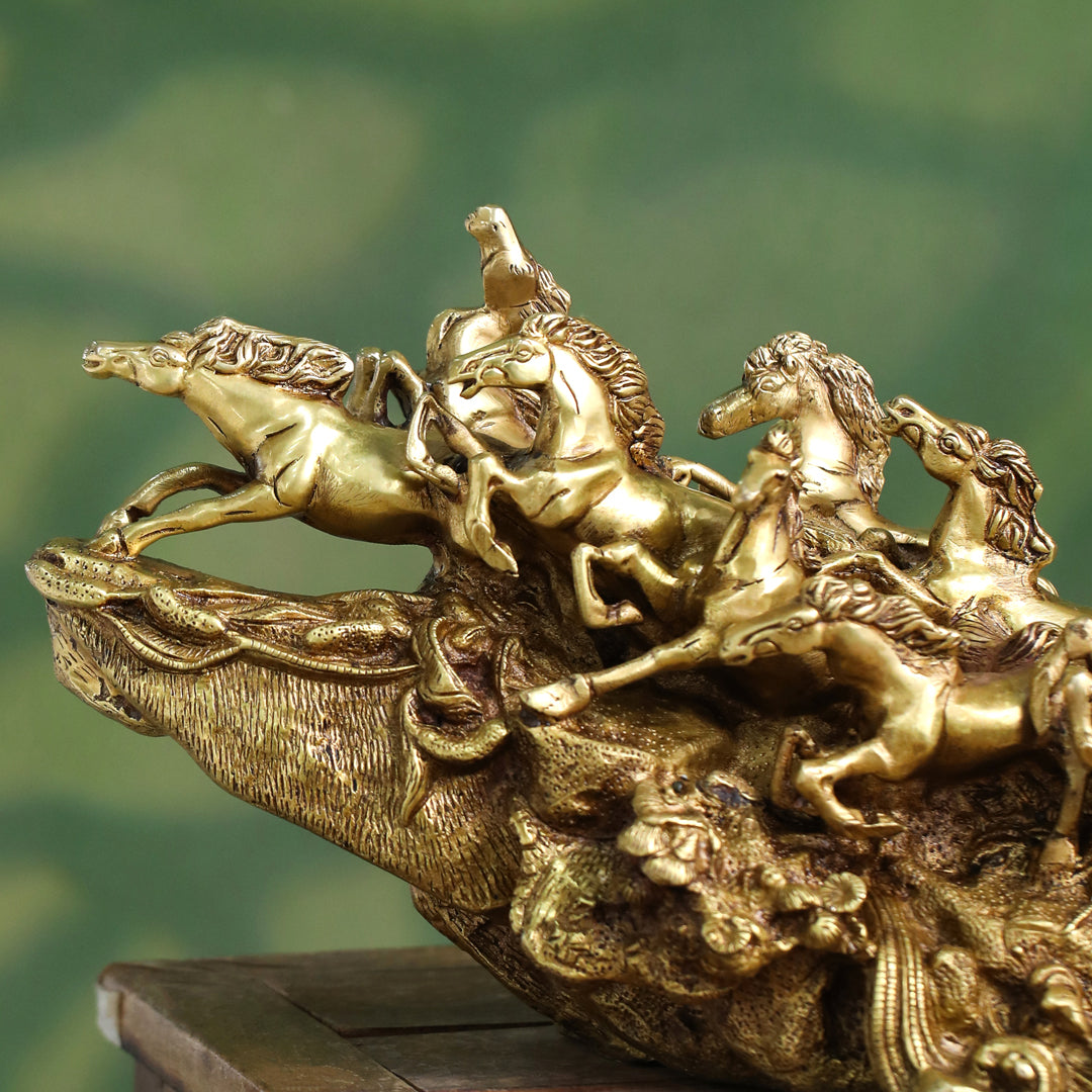 Brass Nine-Headed Horse Statue – Feng Shui Symbol of Power & Success (10.5 Inch)