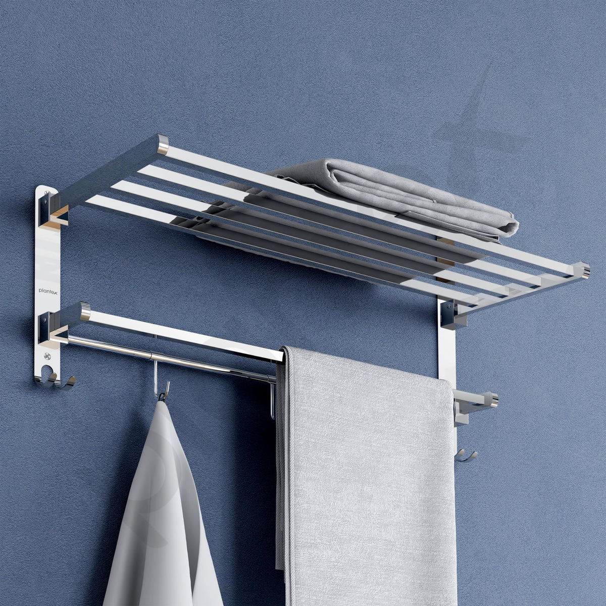Plantex Heavy-Duty Stainless Steel Dual Folding Towel Rack/Holder/Towel Stand/304 Grade Stainless Steel Tooth Brush Holder/Tumbler Holder/Bathroom Accessories (Chrome)-2