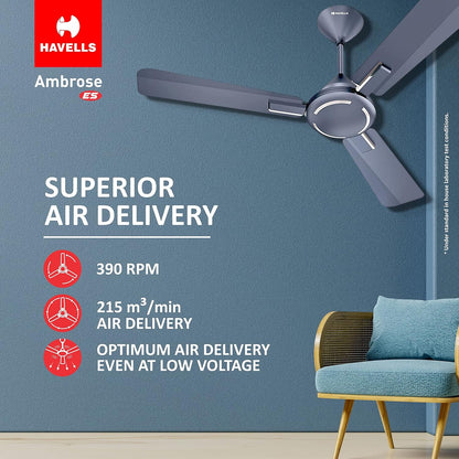 Havells 1200mm Ambrose ES Ceiling Fan|Premium Finish, Decorative Fan, Elegant Look, High Air Delivery, Energy Saving, 100% Pure Copper Motor|2 Year Warranty by Brand|(Pack of 1, Nickel Saphire) 1 Star