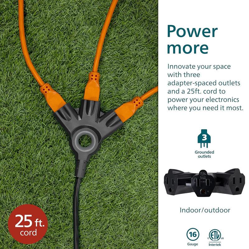 Philips EZGrip 25ft 16m 3 Way Multi Outlet Indoor Outdoor Extension Cable with Multiple Outlets