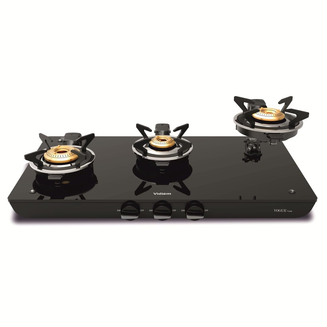 Vidiem Vogue Vesta Gas Stove 3 Burners Glass Top | Removable Special Brass Burner | 8mm Toughened Glass | 10mm Thick Pan