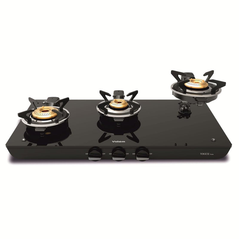 Vidiem Vogue Vesta Gas Stove 3 Burners Glass Top | Removable Special Brass Burner | 8mm Toughened Glass | 10mm Thick Pan