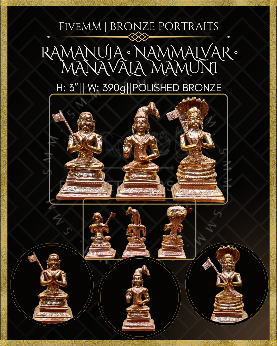 Vaishnava Saints: Ramanujacharya, Nammalvar, Manavalamamuni Panchaloha Bronze Icon Set - 3" - Polished finish