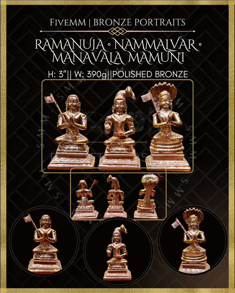 Vaishnava Saints: Ramanujacharya, Nammalvar, Manavalamamuni Panchaloha Bronze Icon Set - 3" - Polished finish