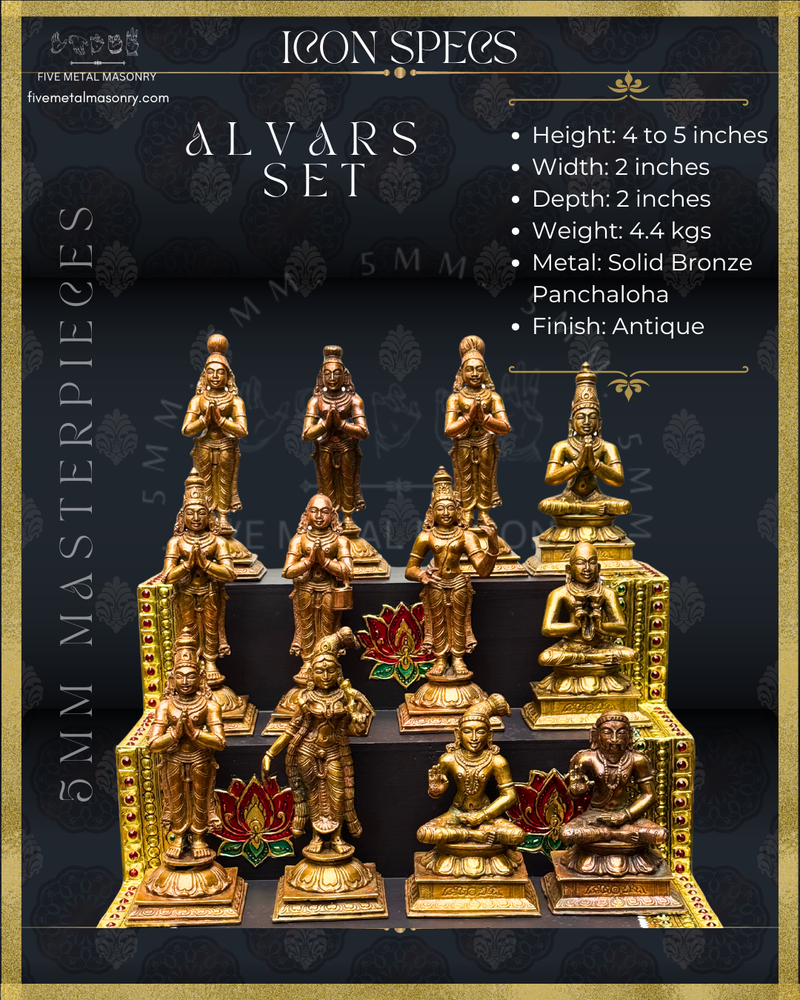 Alvars | Vaishnava saints |Set of 12 Panchaloha Bronze Icons - 5"- Masterpieces Collection | Made to Order