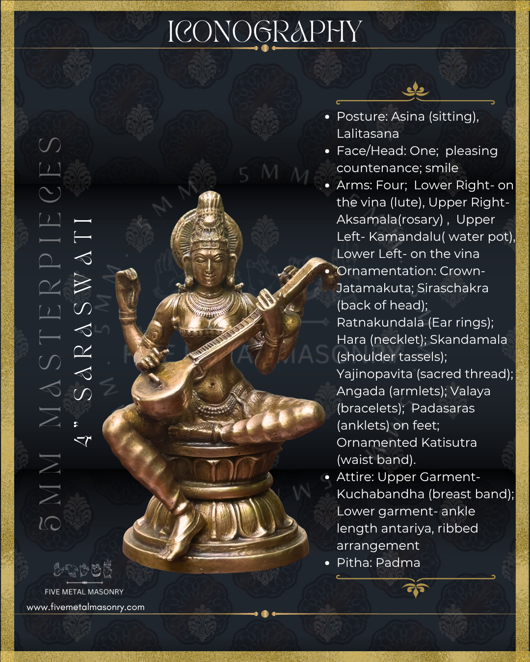 Saraswati Panchaloha Bronze Icon - 4"-  Masterpieces Collection