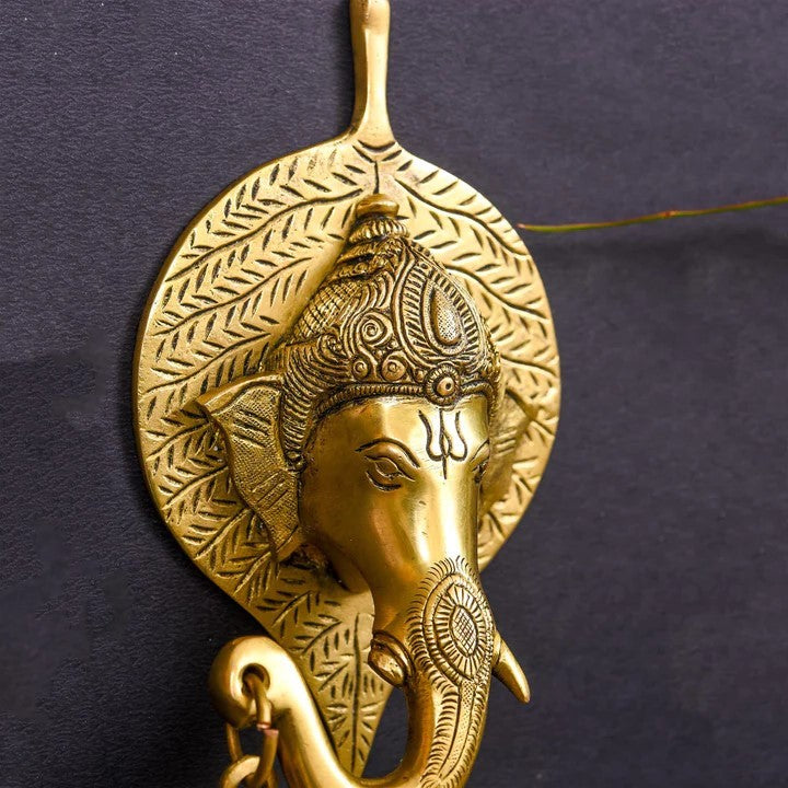 Brass Ganesha Bell On Leaf Wall Hanging (7.5 Inch)