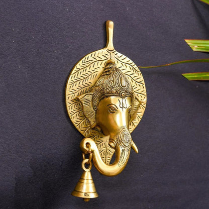 Brass Ganesha Bell On Leaf Wall Hanging (7.5 Inch)