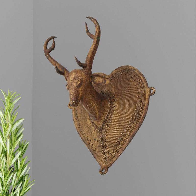 Brass Deer Idol | Mriga, Harin, Jinka Face Statue | Peetal, Pittal, Vellipittalam Showpiece | Blackbuck, Cheetal, Sambhar Figurine, Gold, 8 Inch, 1 Piece