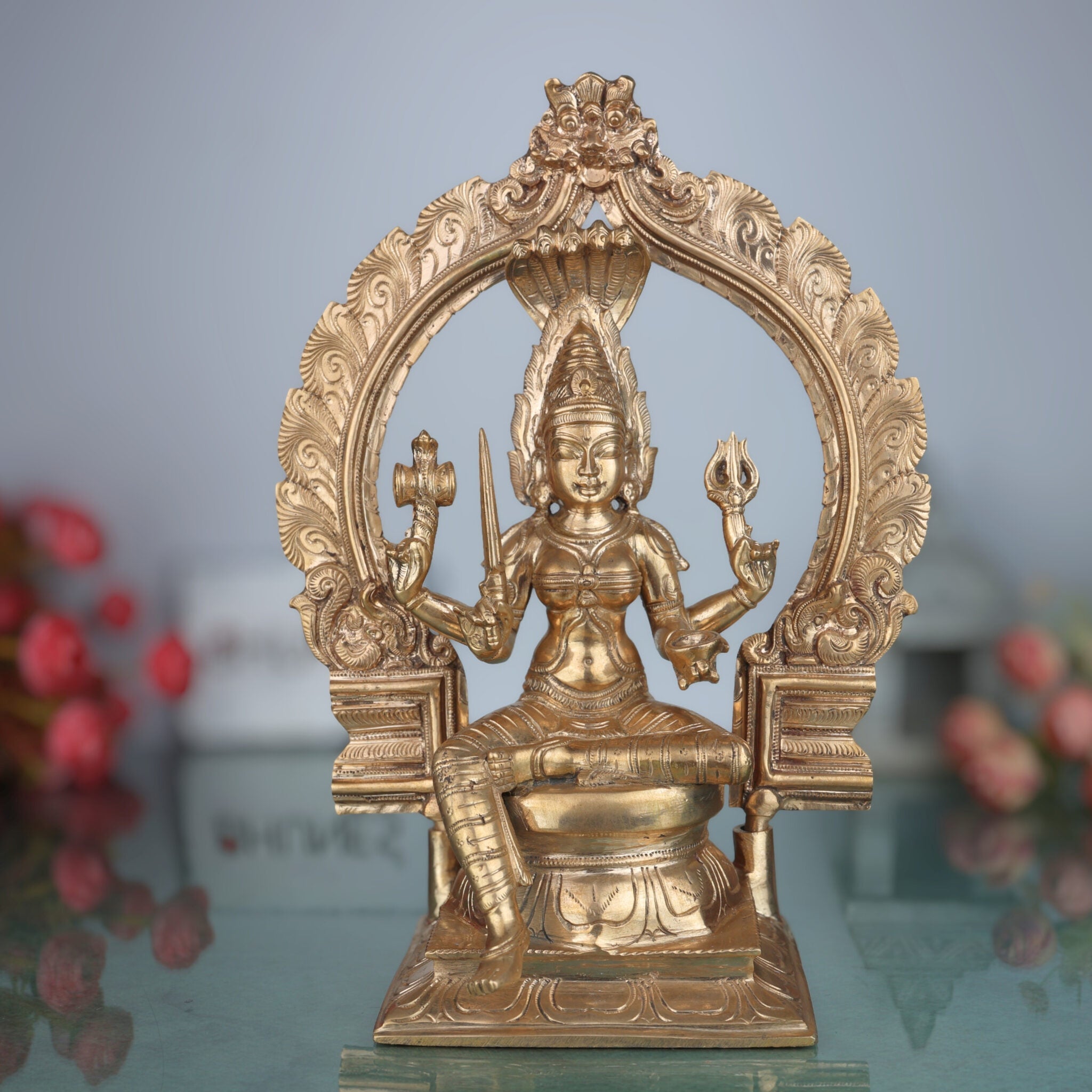 Bhunes Bronze Panchaloha Mariamman Idol, Karumariamman Statue, Amman Vigaraha, Mariyamma Devi Murti, Panchadatu Parvati Vigraham, Brown, 13 Inch, 1 Piece