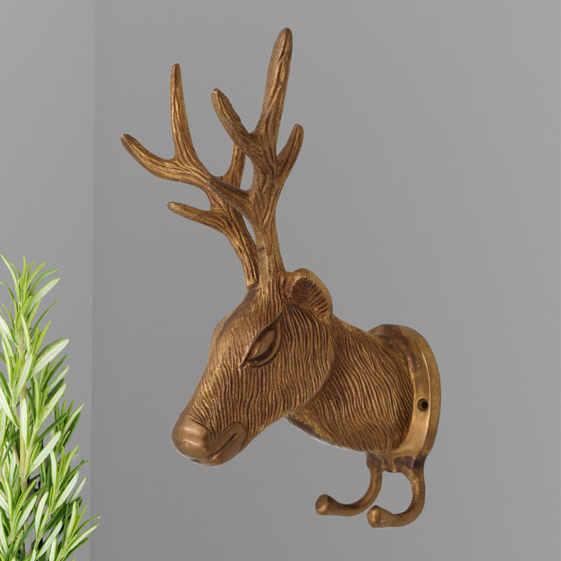 Brass Deer Idol | Mriga Harin Maan Jinka Face Statue | Peetal Pittal Showpiece for Home & Temple Decor, Gold, 10 Inch, 1 Piece