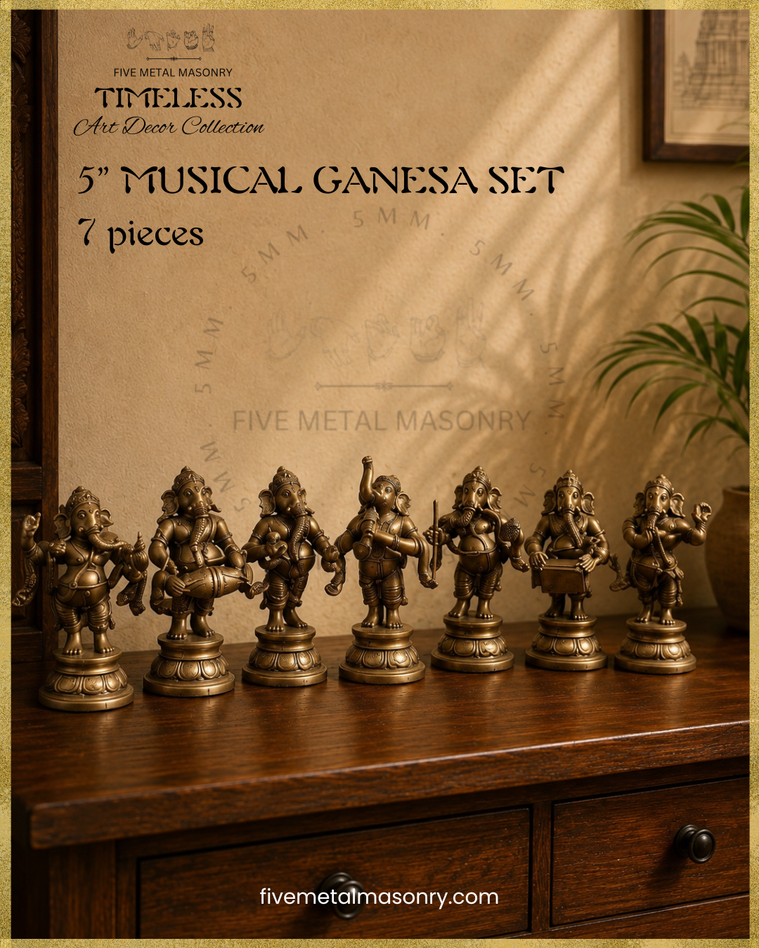 Musical Ganesha Set (7 icons)  - Panchaloha Bronze Icon - 5"- Timeless Collection