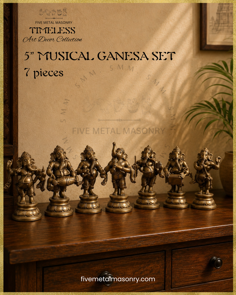 Musical Ganesha Set (7 icons)  - Panchaloha Bronze Icon - 5"- Timeless Collection