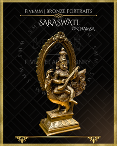 Saraswati seated on Hamsa Panchaloha Bronze Icon - 8"