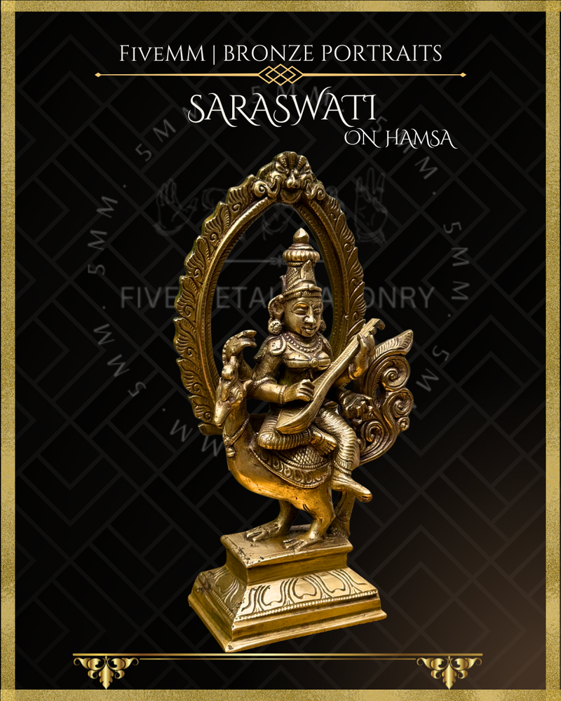 Saraswati seated on Hamsa Panchaloha Bronze Icon - 8"