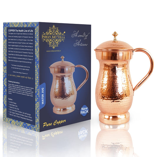 Pure Copper Hammered Maharaja Style Jug With Brass Knob on Lid-1350 ML