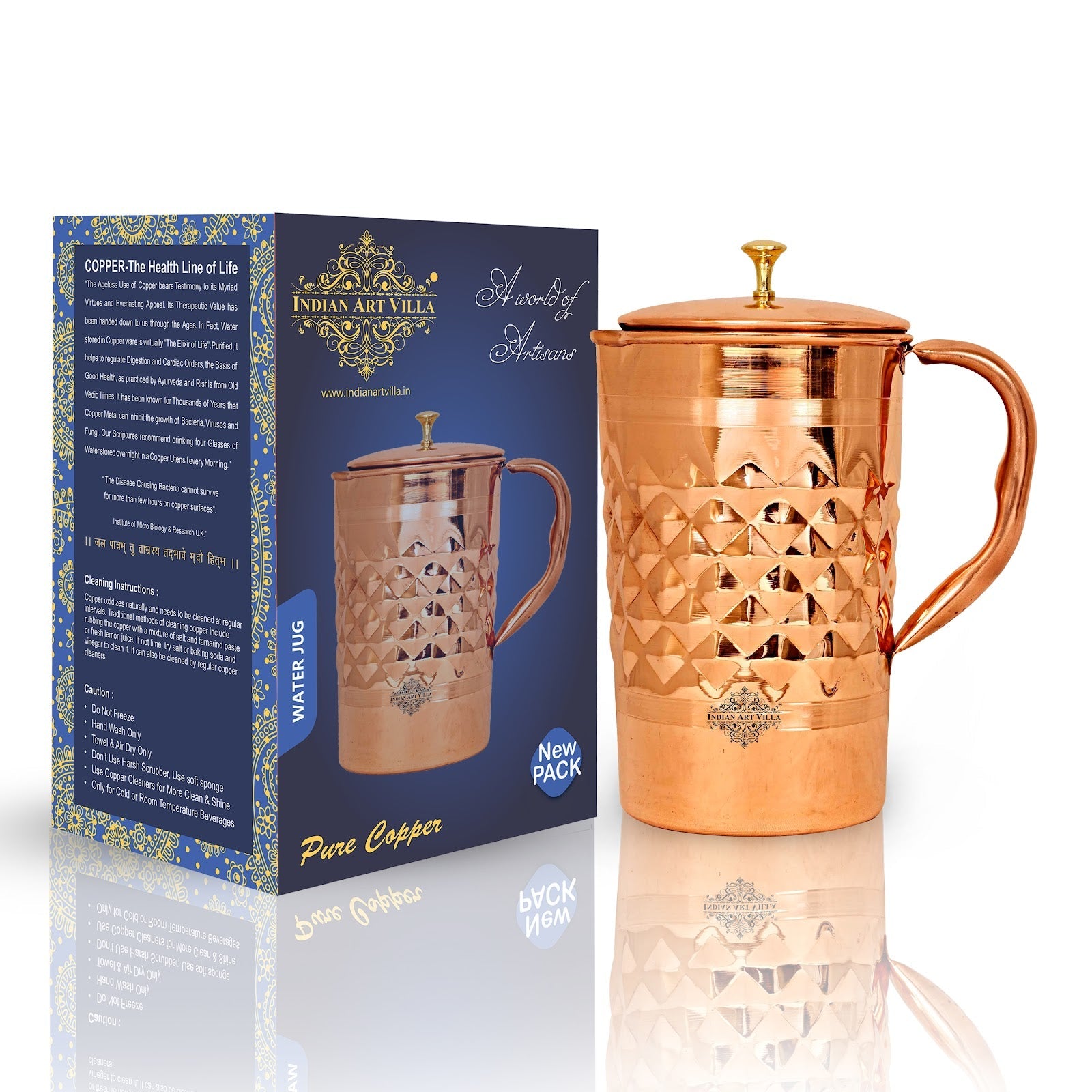 Pure Copper Diamond Hammered Jug With Brass Knob on Lid